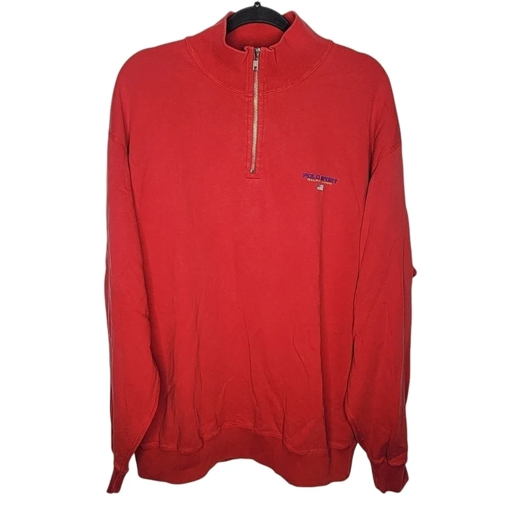 Vintage 90s Polo Sport Ralph Lauren 1/4 Zip Spell Out Sweatshirt in Red Size XL